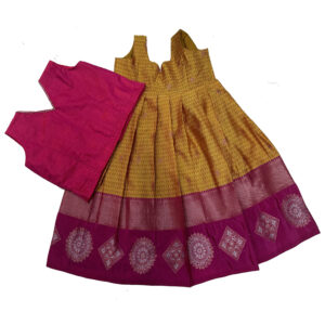 yellow with pink pattu pavadai