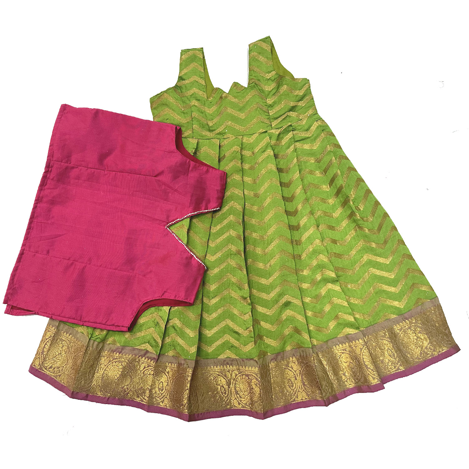 Green with Pink Boarder Pattu Pavadai